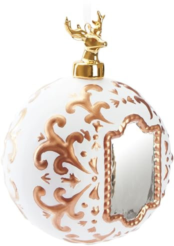 BRUBAKER Premium Weihnachtskugel - Royal Deer - 10 cm weiße Baumkugel mit Spiegel, Gold Muster und Hirsch Figur aus Porzellan - Handbemalt - Glas Weihnachtsbaumkugel Christbaumschmuck Anhänger