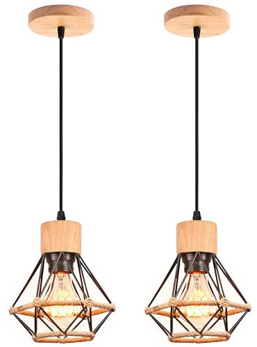 iDEGU Lot de 2 Suspension Luminaire Induistrielle en Bois Vintage Lustre Noir Design Cage Créatif Plafonnier Abat-jour en Métal avec Corde de Chanvre Rétro Lampe de Plafond pour Cuisine Salon Chambre