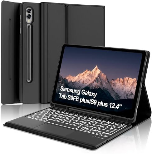 Tastatur für Samsung Galaxy Tab S10+/S9FE+/S9+ con Touchpad, Hülle Tastatur Kompatibel mit Samsung Tab S9/S9FE/S10 Plus 12.4 Zoll 2023/2024, 7-Farbige Beleuchtung Magnetisch mit QWERTZ Layout, Schwarz