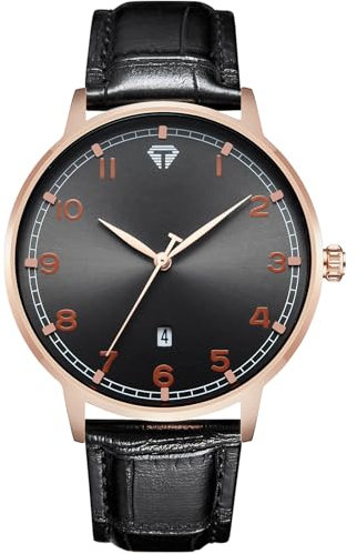 Montre-Homme Bracelet-Cuir Noir-Analogique Montres Hommes - Étanche Élégant Date Rond Quartz Montre Adolescent Garcon Or Rose Cadran, Cadeau Homme