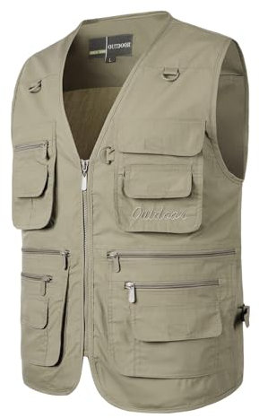 Yukirtiq Men's Multi Pocket Fishing Vest Camping Outerwear Waistcoat Jacket Cotton Sleeveless Traveling Hiking Gilet Photography Top, Khaki, 4XL