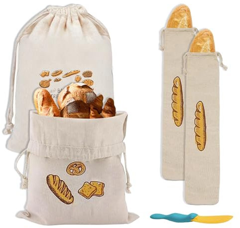 5 Pièces Sac à Pain Écologique, Sacs à Pain en Lin Réutilisable, 30x40cm, 16x64cm Deux Tailles, avec Spatule, pour Pain et Pâtisseries Faits Maison