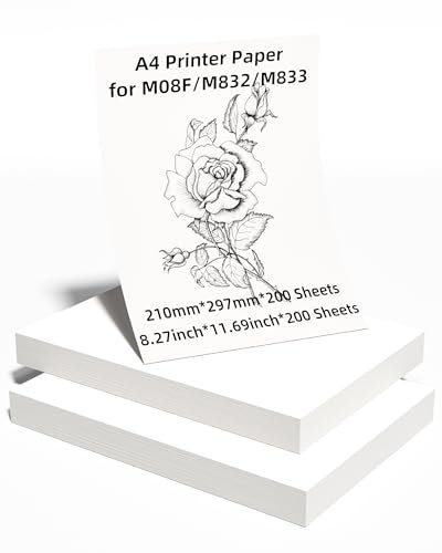 Phomemo M08F A4 Thermopapier, Weißes Thermopapier für Phomemo M08F/M832/M833/M834 Thermodrucker und Andere Tragbare A4 Thermodrucker, M08F Druckerpapier, 8.27 x 11.69(210mm x 297mm), 200 Blatt