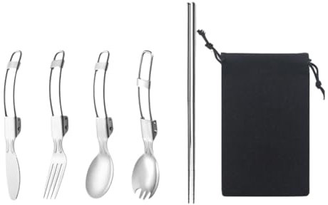 Couverts Camping Pliables 5 pièces - Couverts en Acier Inoxydable avec Couteau, Fourchette, Cuillère, Cuillère à Salade, Baguettes pour Camping, Voyage, École, Bureau