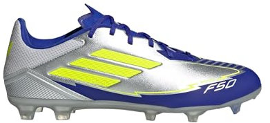adidas Unisex F50 League Football Boots FG/MG Fußballschuhe, Silver Metallic/Solar Yellow/Lucid Blue, 48 2/3 EU