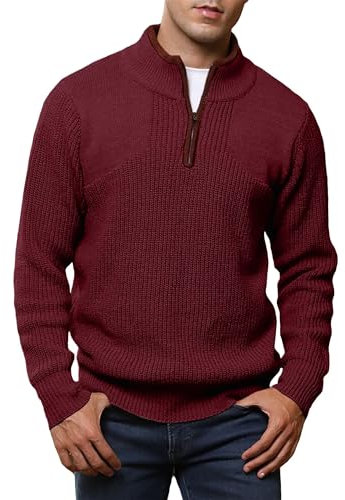 Meilicloth Pullover Herren Winter Troyer Herren Feinstrick Strickpullover Half Zip Pulli Winterpullover Warm Sweater Männer Arbeitspullover Rollkragenpullover Rot L