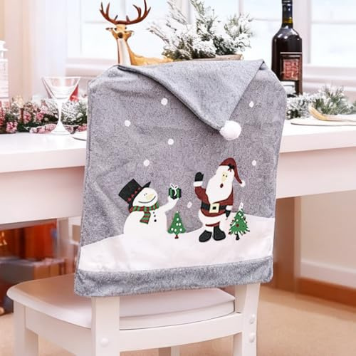 Morbuy Weihnachten Stuhlhussen 3D Nikolausmütze Esstisch Stühlen Set, 60x50cm Weihnachtsdeko Stuhlhussen Hussen für Esszimmerstühle, Weihnachtsfeier (6er Set,Grau Yeti)