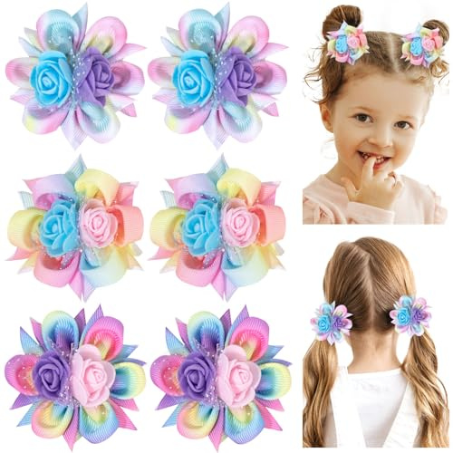 TOKUFAGU 6PCS Hair Bows for Girls, Flower Hair Clips Rainbow Hair Accessories for Girls Toddler Bows with Alligator Clips for Kids Child Teens(Rainbow)