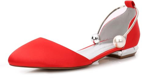 ZhiQin Red,6 UK,Ballet Bridal Shoes Flats Pumps Satin Round Toe Women Dress Wedding Shoes with Pearl