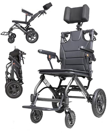 Sedia a Rotelle Leggera per Trasporto con Schienale Alto con Poggiatesta Rimovibile Carrozzina con Carrello da Viaggio Compatta Facile da Trasportare per Anziani e Disabili (Sedile 42 cm)