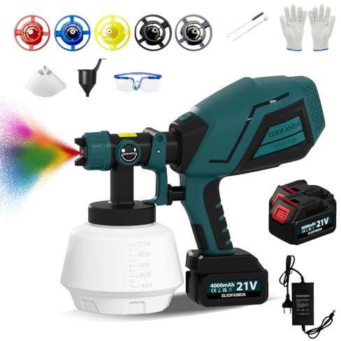 ELIOFANEIA Pistola per Verniciare 21V 2 x 4000 mAh Batteria e Caricatore,Contenitore 1200 ML Sistema di spruzzo a colori elettrico con 5 ugelli, 3 modelli di spruzzo per lavori fai da te