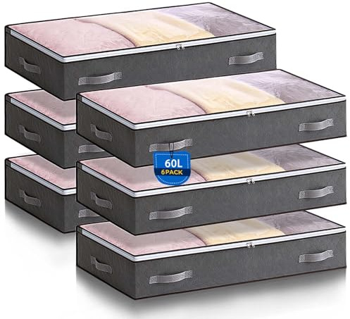 Boic 6 Pcs 60L Unterbett Aufbewahrung, Unterbettkommode Mit Deckel Faltbare | Bettkasten Aufbewahrung Große, Aufbewahrungsbox Mit Deckel Für Bettwäsche Schrank Für Bettdecken Decken Kleidung