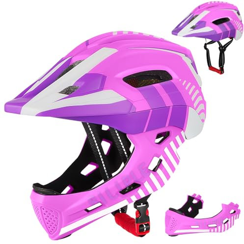 Kinderhelm, 2-In-1 Integriert Kinder Fahrradhelm mit Abnehmbarem Kinnschutz, Unisex 52-56cm Children's Helmet, Kindersport Schutzhelm zum Fahrräder Laufrad Roller Rollschuhe (Lila Rot)