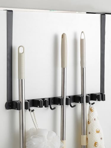 JETHMA Broom Holder Over The Door,Heavy Duty Broom Mop Holder with 5 Slot 6 Hooks,Self-Adhesive/Perforated Broom Grab Holder,Ideal for Bathroom Garage and Garden Tool Organiser