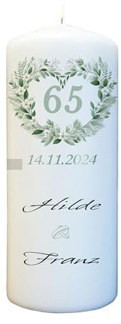 Eiserne Hochzeit Kerze mit Namen & Wunschtext personalisiert - zum 65 Hochzeitstag (20cm x 6,8cm)