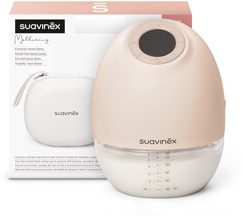 Suavinex, Extractor Leche Materna, Sacaleches Manos Libres, Sin Cables, Sin Tubos, con Batería, 3 Modos y 9 Intensidades de Succión, con Adaptadores, Estuche y Cepillo, Pantalla Led, Depósito 180 ml