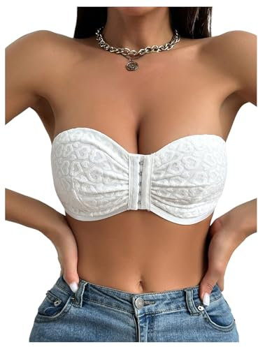 GORGLITTER Women's Strapless Wireless Front Fastening Bras Heart Print Comfy Bandeau Bralettes White Large