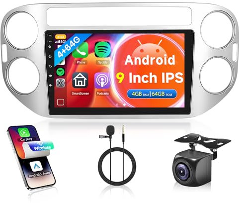 4G+64G Wireless Carplay Android Autoradio 2 Din per VW Tiguan 2006-2016 9 Pollici Touchscreen Autoradio con Android Auto GPS Navi WiFi Mirror Link Bluetooth FM/RDS/32 EQ/USB/SWC Telecamera Posteriore
