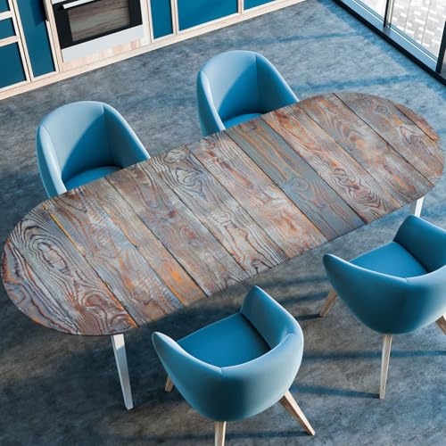 Surwin Elastische Oval Tischdecke Abwaschbar, Spanntischdecke Abwischbar Gartentischdecke mit Gummizug Oval Outdoor Tischdecke für Esszimmer Küche -3D Holzmaserung (Vintage,107x165cm)