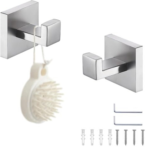 Ganchos de Pared para Toallas y Ropa (Pack de 2) - Ganchos de Acero Inoxidable con Montaje por Taladro - Ideal para Baño, Pasillo y Dormitorio - Incluye Tacos y Tornillos - Color Plata
