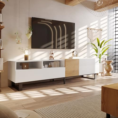 SUKY Mueble de TV moderno de color blanco y madera, 180 x 50 x 38 cm, diseño minimalista, tablero MDF + hierro