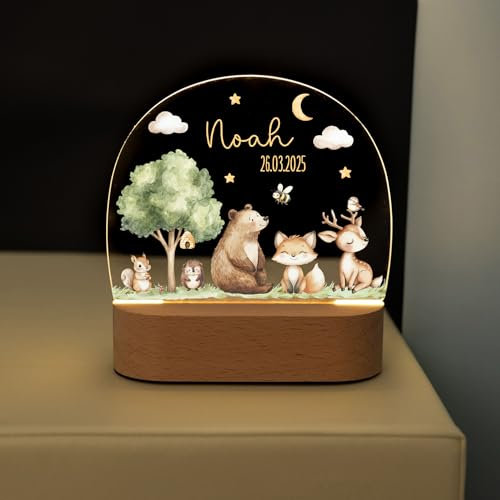 Bärenfreunde personalisiertes Nachtlicht für Babys, Nachttischlampe für Kinderzimmer, Babyzimmer, Nachttisch optional mit Akku und Fernbedienung als Geschenk für Kinder (Tiere Wald Mond Sterne)