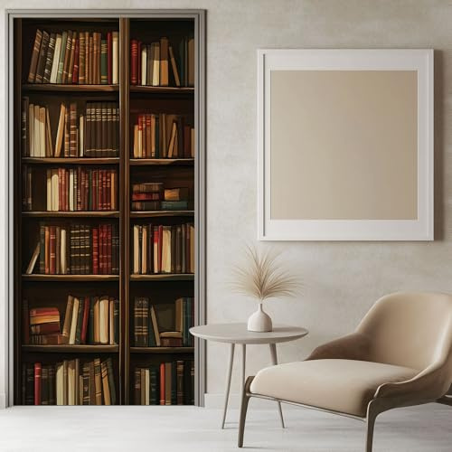 3D Türaufkleber Bücherregal Der Bibliothek 100x200 cm Braun Türtapete Selbstklebend Türposter Türfolie, Türsticker PVC Wasserfest Wandbild Wandaufkleber für Kinder bad büro