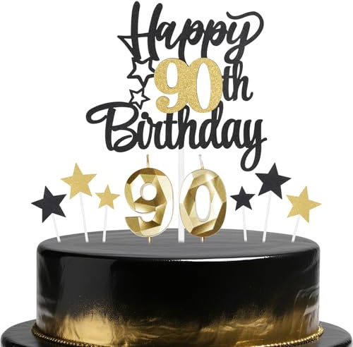 Black Gold 90th Birthday Candles Cake Toppers Set,90th Birthday Decorations for Men,Golden Number 90 Candle for Cake,Gold Candle Black Star Cupcake Toppers for Men Women Birthday Party Supplies