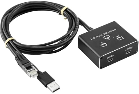 Adaptateur Ethernet Gigabit USB-C 1 vers 2, Switch Réseau 1000 Mbps avec Double Sortie USB-C, Répartiteur LAN Haute Vitesse pour 2 Appareils Connectés Simultanément, Noir (RJ-SP102CK)