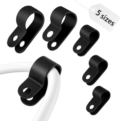 Piggyma 250 Pcs Cable Clamps Kit (5 Sizes), R-Type Nylon P-Clips Wire Organizer, Screw Mount Cord Fasteners for Ethernet, Electric Conduit, Wall & Holiday Lights Management