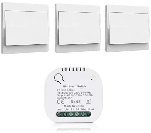 Batterieloser Funk-Lichtschalter Set 230V,Kabelloser Aufputz-Schalter & Empfänger, wasserfeste Klebeinstallation für Bad, Schlafzimmer, Garten und Hausflur (1 Tasten + 3 Empfänger)