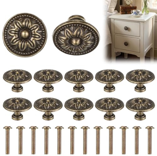 SHENLIU 12 Pcs Antique Bronzy Cabinet Knobs, Vintage Cabinet Handles | Brass Drawer Knobs Retro Drawer Pull Handles of Drawers Furniture Cupboard Dresser Wardrobe Door
