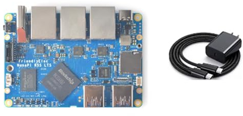 FriendlyElec NanoPi R5S LTS Single Board Computer RK3568, 4 GB DDR, 64 GB eMMC, M.2 NVMe SSD, HDMI, con alimentatore di rete (scheda da 4 GB + 64 GB e potenza da 20 W)