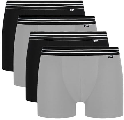 DIM Boxer Homme Ecodim Coton Stretch Confort et Maintien x4, Noir/Gris, L