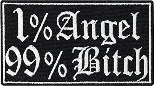 Lustiger Aufnäher mit Spruch - 1% Angel, 100% B**ch - Biker Aufbügler für alle Stoffe l Heavy Metal Kutten Patch Applikation zum annähen/aufbügeln l Bügelbild Sticker l 90x50mm