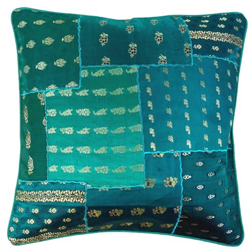 Orientalische Kissenhülle, Kissenbezug Saree Patchwork Design, türkis | 100 % Viskose, seidig glänzendes Material, goldene Nähte, verdeckter Reißverschluss, jedes Kissen ein Unikat