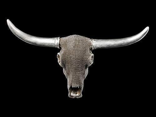 Figuren Shop GmbH Wandrelief Büffel-Schädel mit Silber Noppen verziert 46,5 cm | Trophäe Kopf Rind Longhorn Hörner Bulle