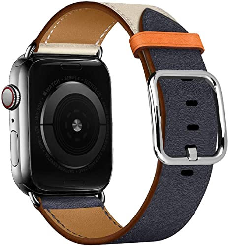 MroTech Cinturino Compatibile per Apple Watch Ultra 49mm 45mm 44mm 42mm Cinturini Serie 9/8/7/6/5/4/3/2/1 42 44 45 49 mm Watch Band Bracciale Vera Pelle Cuoio Loop Indigo con Fibbia Quadrata Argento