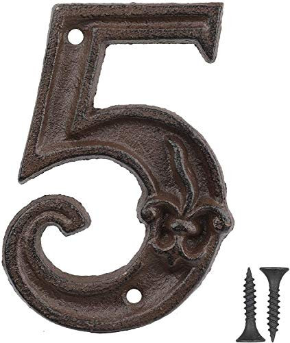 Vandicka Hausnummer aus Gusseisen - Landhausstil, Adressnummernschild, Antikbraun, Rost-Finish mit Fleur de Lis Prägung,11x7,7 cm - Ziffer 5