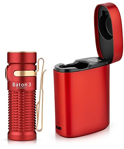 OLIGHT Baton 3 Kit Mini LED Taschenlampe mit Drahtlosem Ladecase, bis zu 94 Tage Laufzeit, Superhelle 1200 Lm 166m Leuchtweite 6 Lichtmodi IPX8 Wiederaufladbare Handlampe für Camping, Notfälle Rot