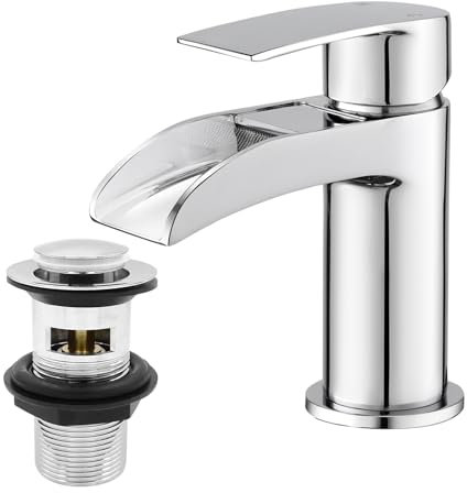 Basin Taps with Waste, BATHWEST Waterfall Basin Tap Monobloc Chromed Brass Bathroom Sink Taps with Sink Plug 112N
