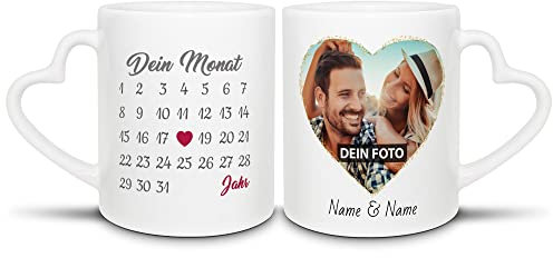 Paar-Tassen mit Kalender selbst gestalten - Jahrestag anpassbar, mit Namen, Text & Foto Bedrucken - Geschenk Valentinstag, Jahrestag, Paar, Liebe - Weiß mit Herzhenkel 2er-Set, je 300 ml
