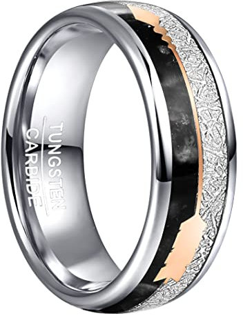 TUNGSTORY Bague Tungstène avec Onyx Noir/Violet Bague Promesse pour Couple Hommes Femmes Argent/Or Rose Flèche Imitation Météorite 8mm Alliance Mariage Taille 57(18.1)