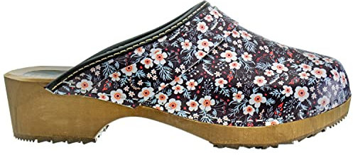 ESTRO Clogs Damen Holz Leder - Holzclogs Damen Clogs Leder Holzschuhe mit rutschfest Sohle CDL01 (CDL06 Blumen, 39)