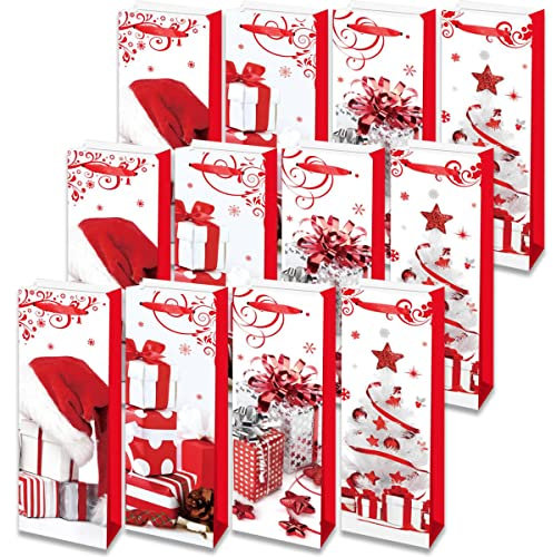 Sacs Cadeaux Bouteilles- Lot de 12 Sacs – Sac Cadeau pour Bouteille Vin en Papier 4 Designs pour des Cadeaux de Noël, Mariage ou Anniversaire, Papier d’Emballage