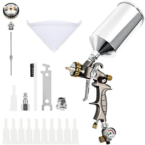 BEETRO HVLP Luftsprutpistol 1,4 mm munstycke 1 000 ml kapacitet 14,5 CFM 30-43 psi med 11 filter 10 st 190 m färgsilar luftkontrollventil 1/4 tum kontakt och typ 2-adapter