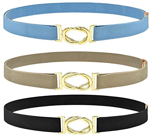 DUOXIN 3 Stück Elastische Taillengürtel für Damen, Elastischer Gürtel Frauen Stilvoll Damengürtel Stretchy Cinch Gürtel Verstellbare Ledergürtel für Kleid, Hemd (Schwarz+Hellblau+Khaki)
