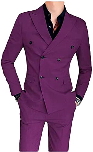 Uomo 2 PC Doppio Petto Business Suit Tacca Risvolto Regular Fit Abito Da Sposa Sposo Smoking Usura Casual, Viola, 60 IT