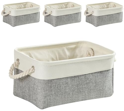 Mangata aufbewahrungskorb Stoff 4er Set, Kleine aufbewahrungsbox Schrank, Korb aufbewahrung Stoff mit Seil für Spielzeug, kleiderschrank, Regale, Kleidung (Faltbare, Grau Weiß)