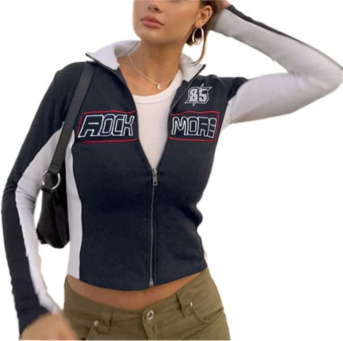 Y2K Zip Up Jacket Women Vintage Grunge Aesthetic Track Jacket Tight Slim Fit 90s Casual Track Top Blokecore Fashion Outwear Clothes (A-Navy, S)